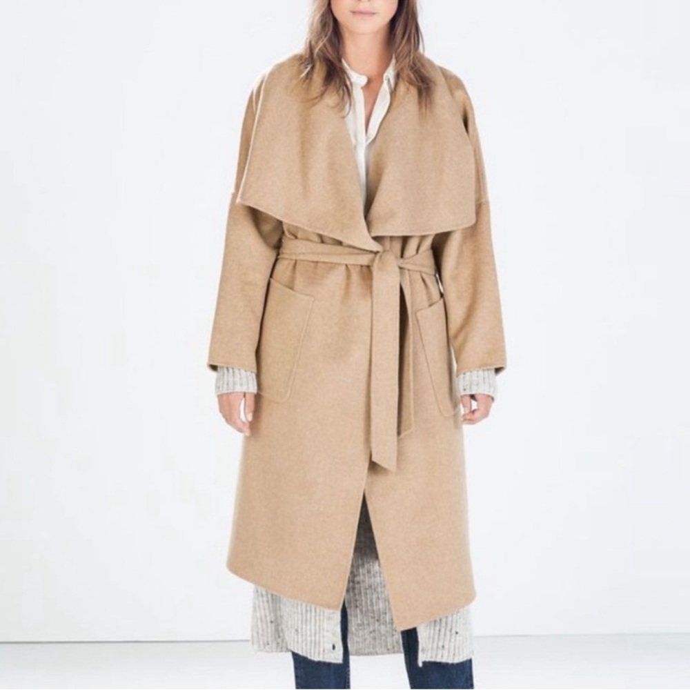 Zara camel handmade wool blend wrap coat with belt